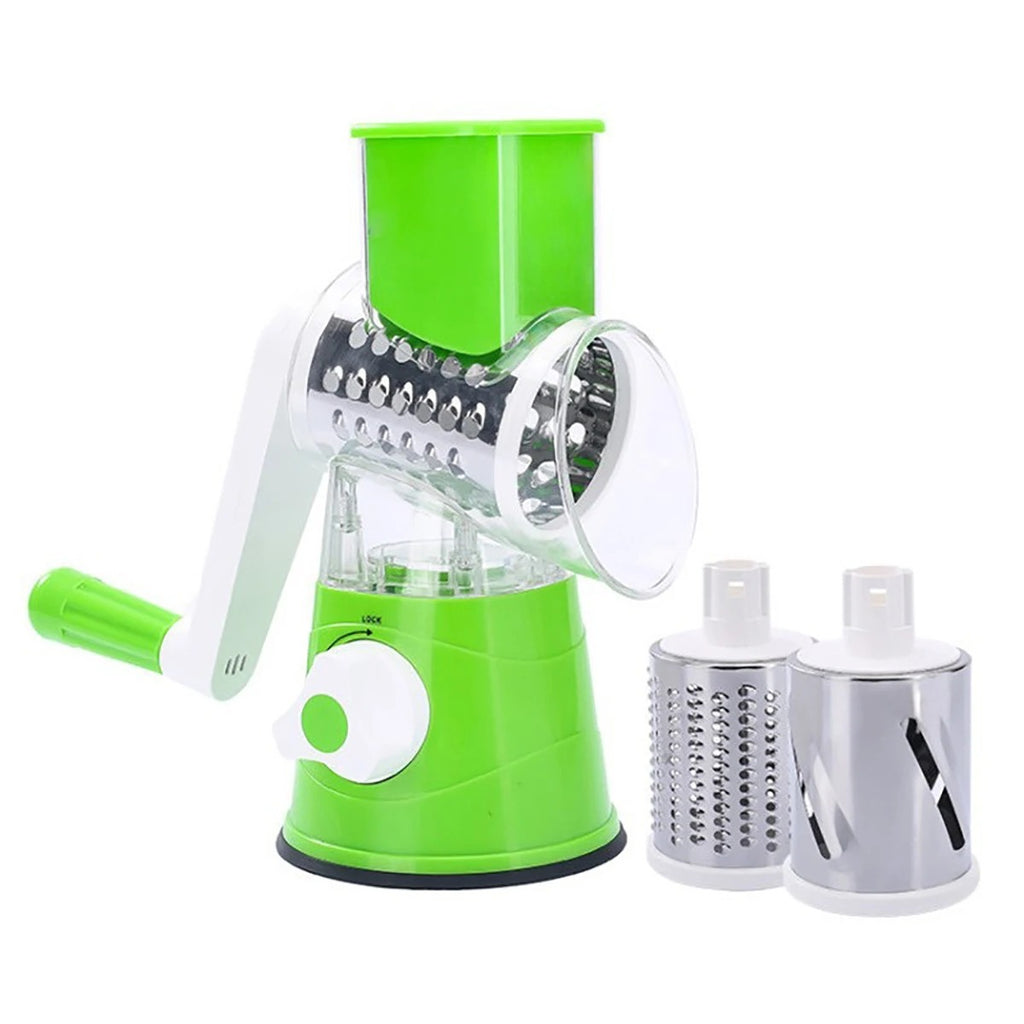 Manual 3-in-1 Vegetable Cutter & Drum Grater – Round Slicer with Interchangeable Blades