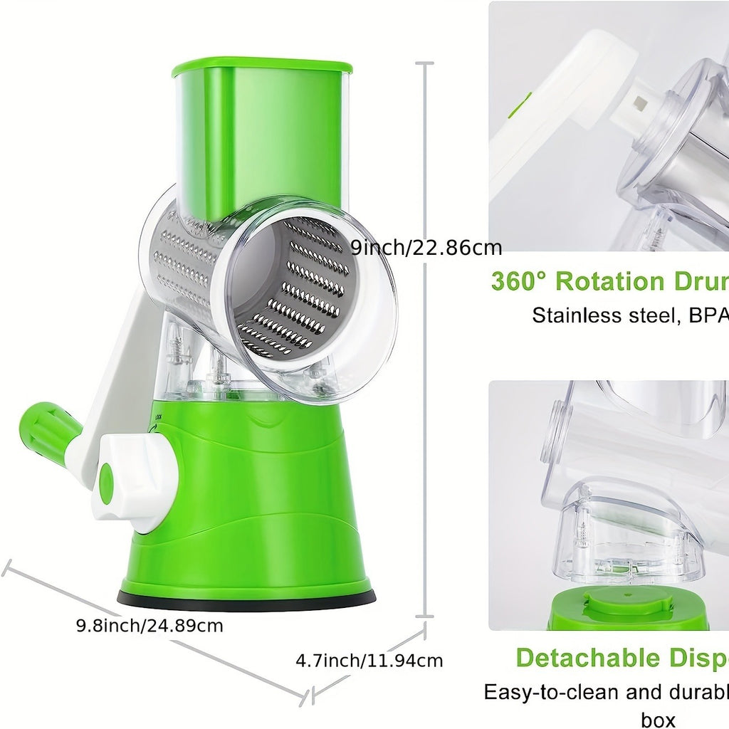 Manual 3-in-1 Vegetable Cutter & Drum Grater – Round Slicer with Interchangeable Blades