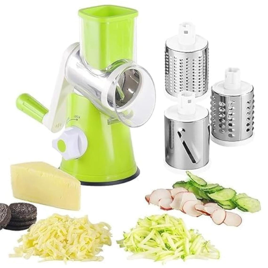 Manual 3-in-1 Vegetable Cutter & Drum Grater – Round Slicer with Interchangeable Blades