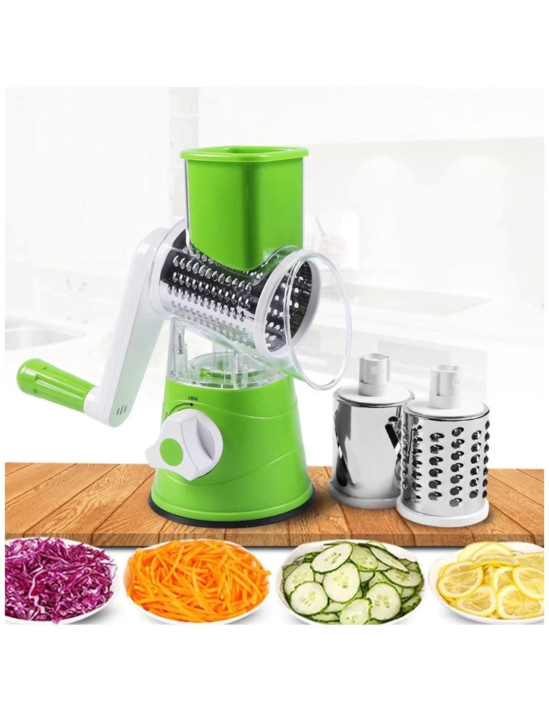 Manual 3-in-1 Vegetable Cutter & Drum Grater – Round Slicer with Interchangeable Blades